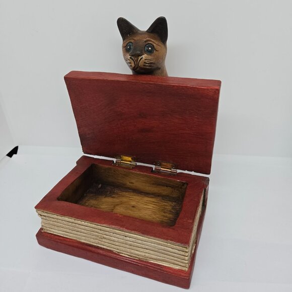 Hand Painted / Stained Wooden Cat / Kitten on a Book Trinket Box - Picture 7 of 10
